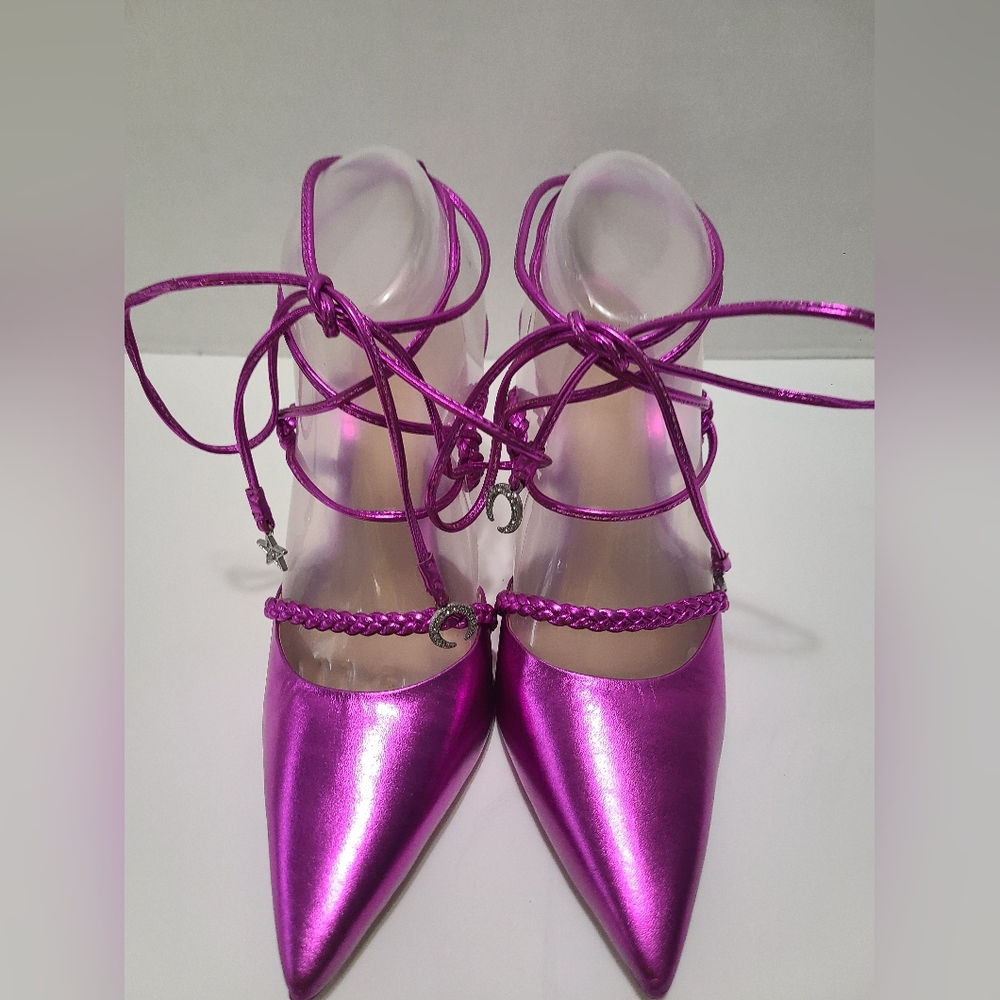 Schutz Lunah Metallic Bright Violet Lace Up Strappy High Stiletto Heels Size 8.5 - Picture 5 of 11
